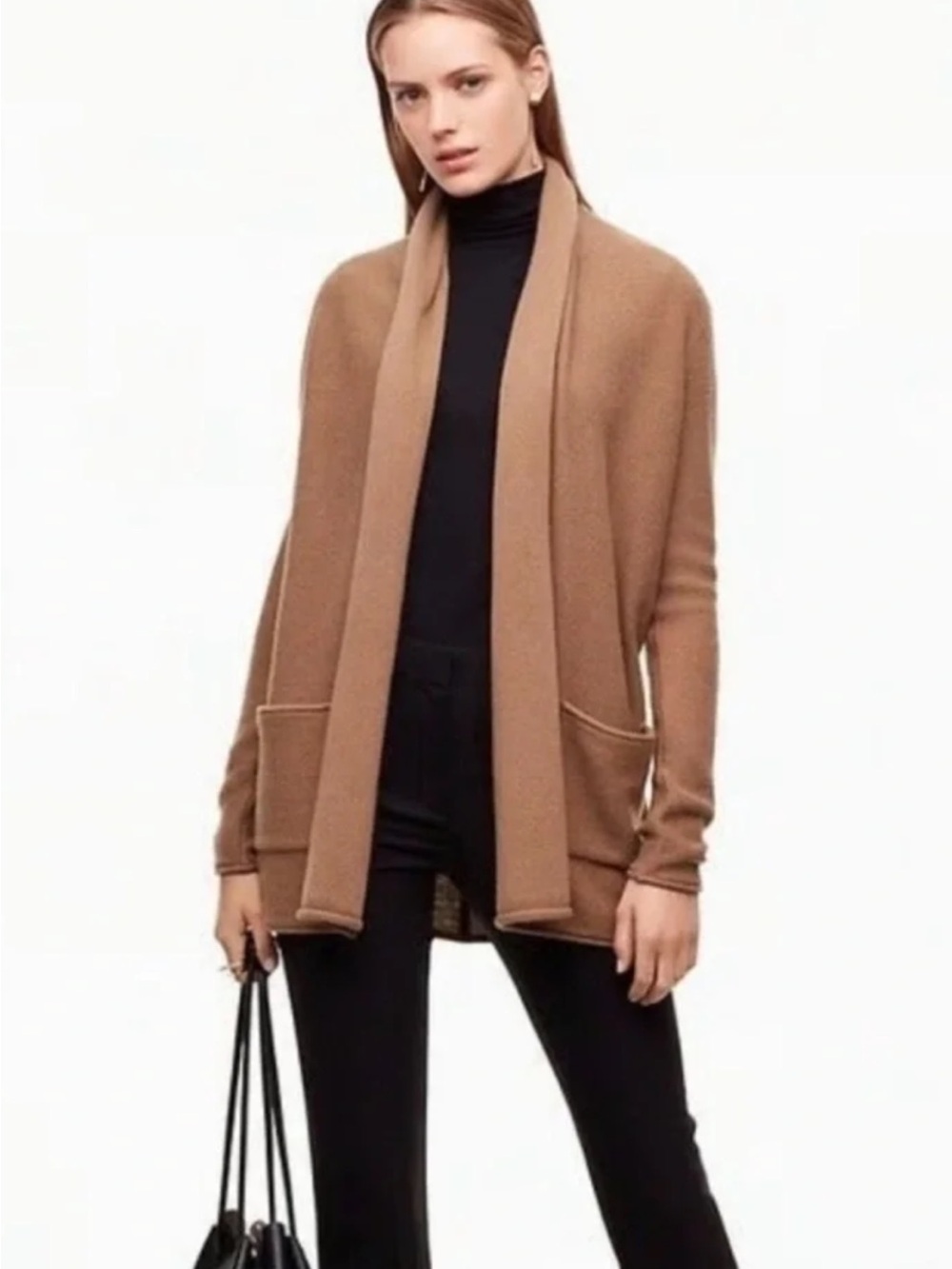 Babaton Camel Open-Front Shawl Collar Wool Cashmere Cardigan Small